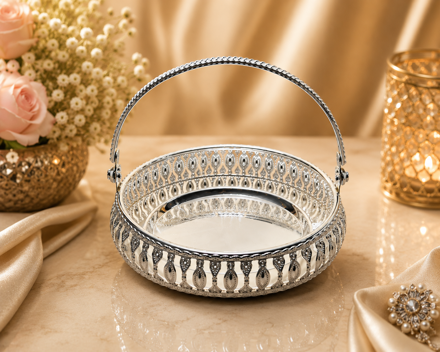 Silver-Toned Filigree Basket with Handle | Diwali | Housewarming | party | Varalakshmi | Navratri| Christmas