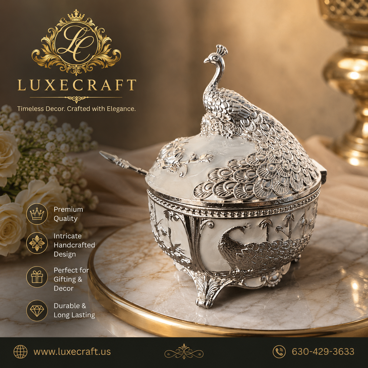 Pearl White Peacock Enamel Sugar Bowl with Spoon