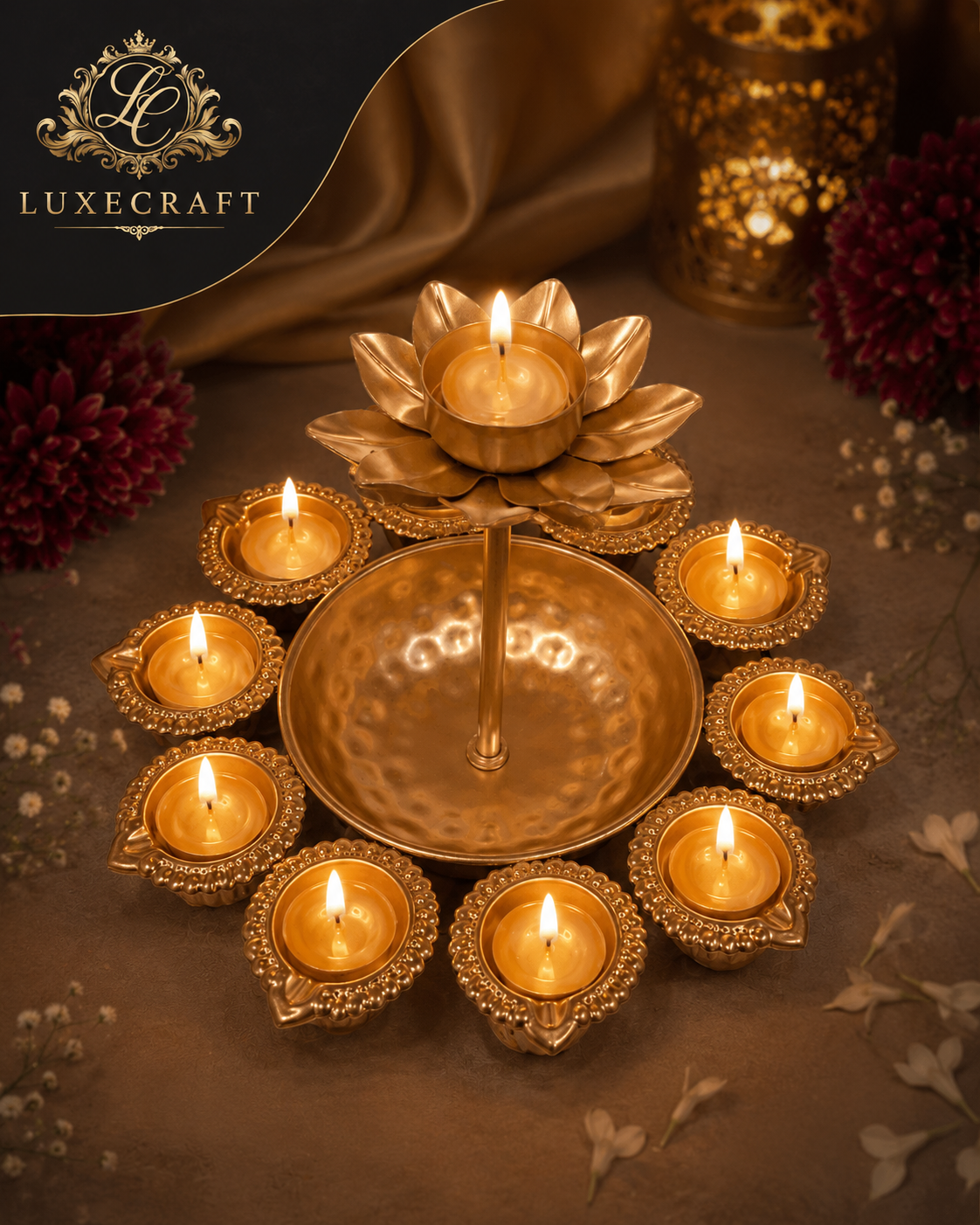 Golden Lotus Diya Urli Tealight Stand