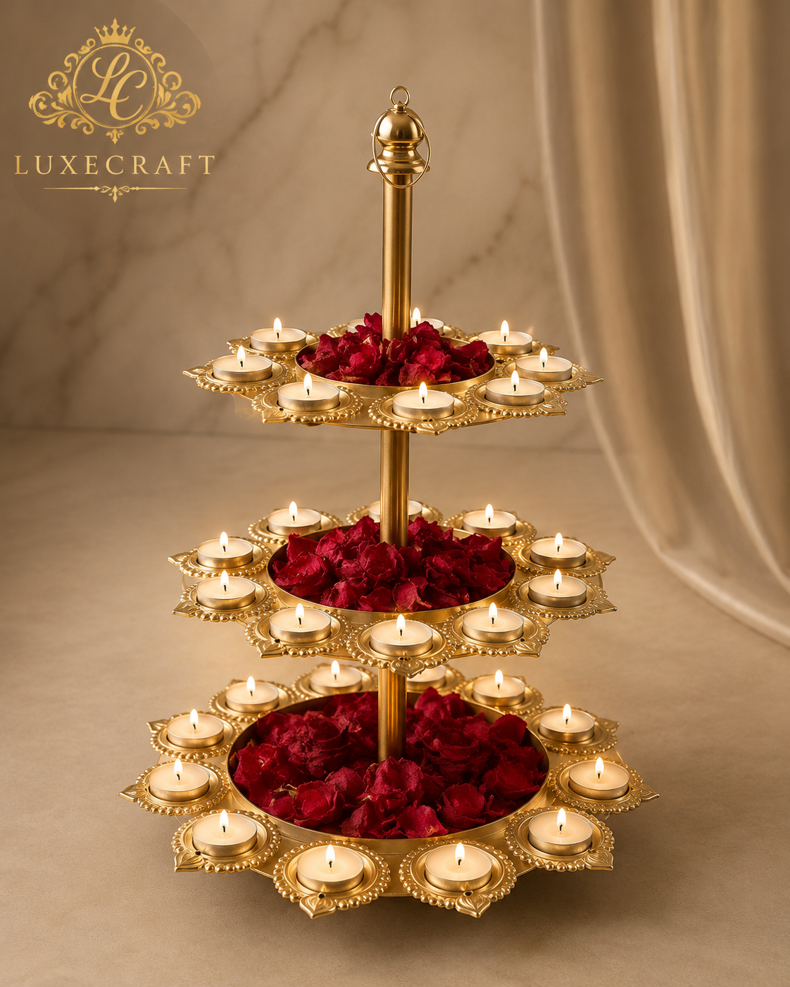 Golden 3-Tier Lotus Tealight & Petal Stand