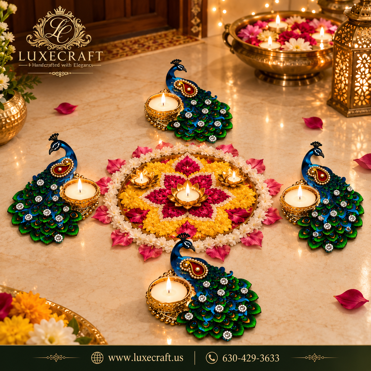 Jewelled Peacock Tea-Light Candle Holder – Handcrafted Festive Décor