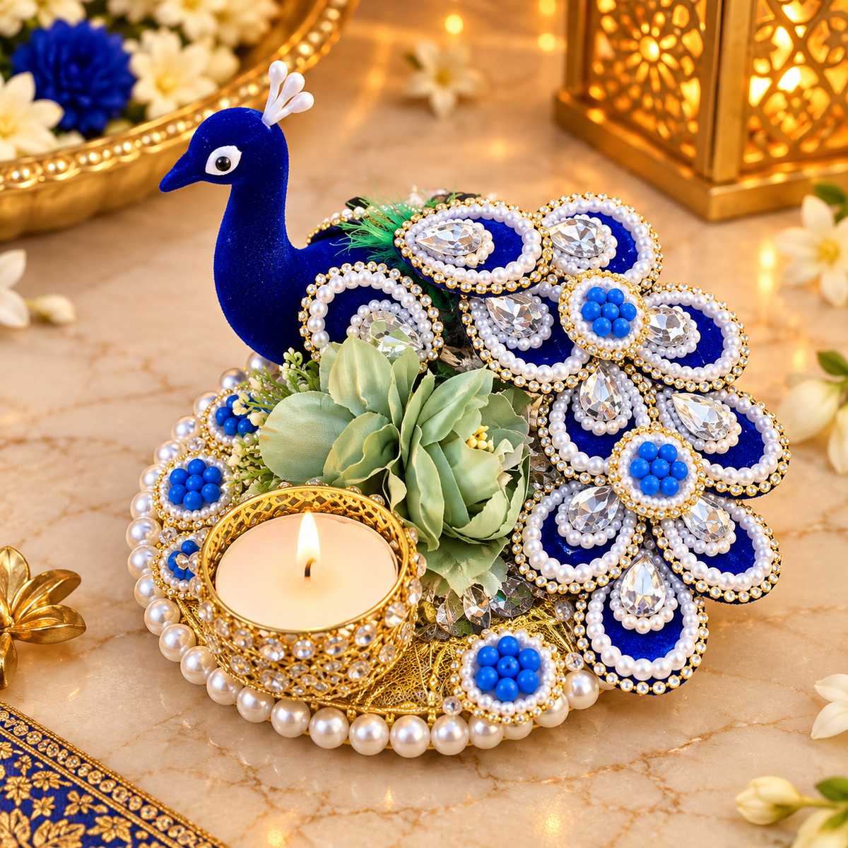 Blue Peacock Crystal & Pearl Tea-Light Holder
