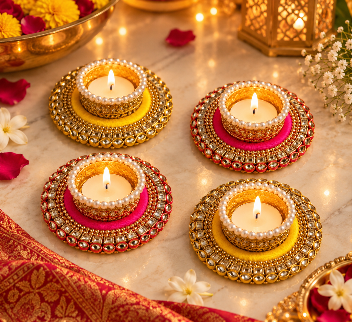 Kundan Pearl & Thread Work Tealight Holder – Assorted Colours (Pack of 4)