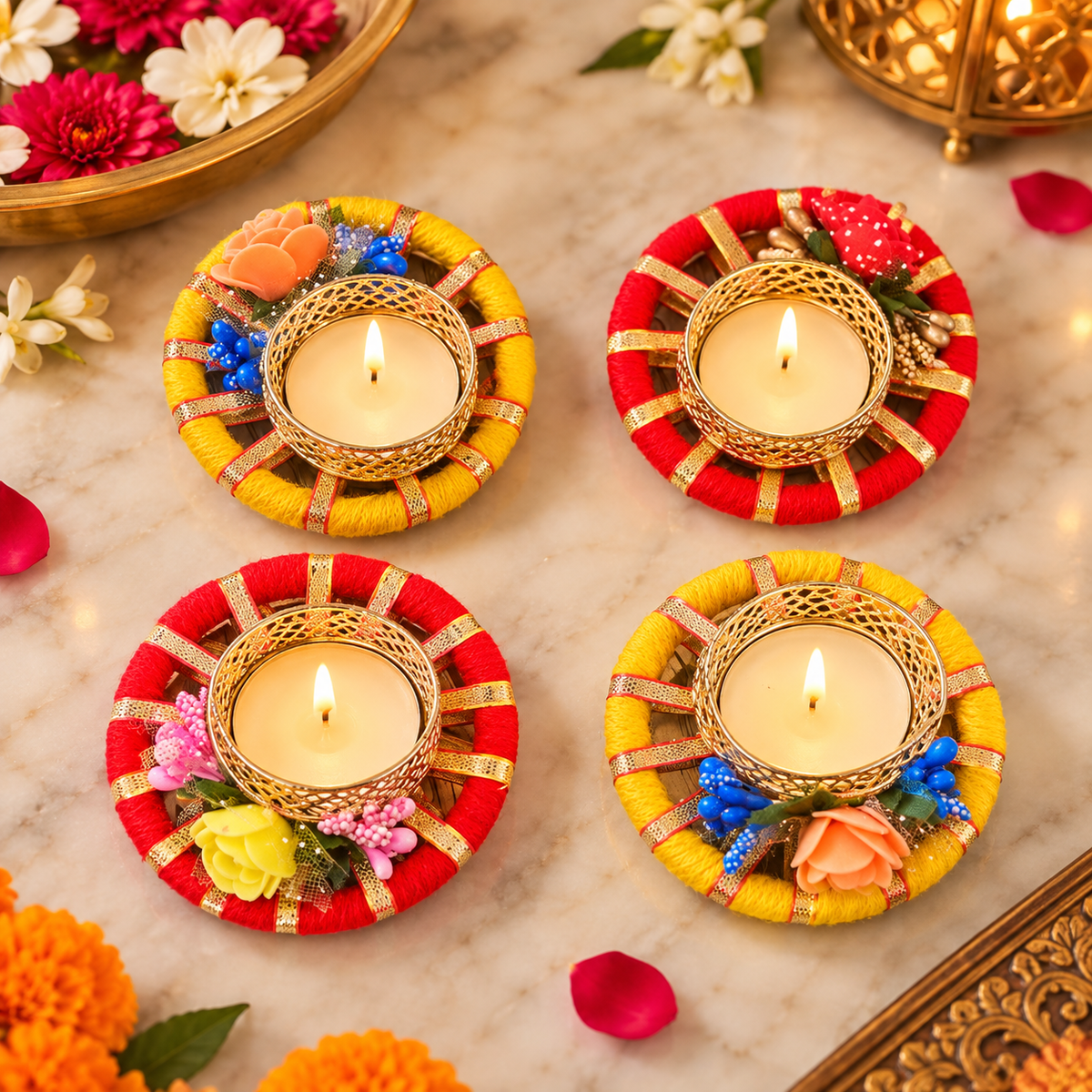 Floral Thread Wrapped Tealight Holder – Assorted Colours