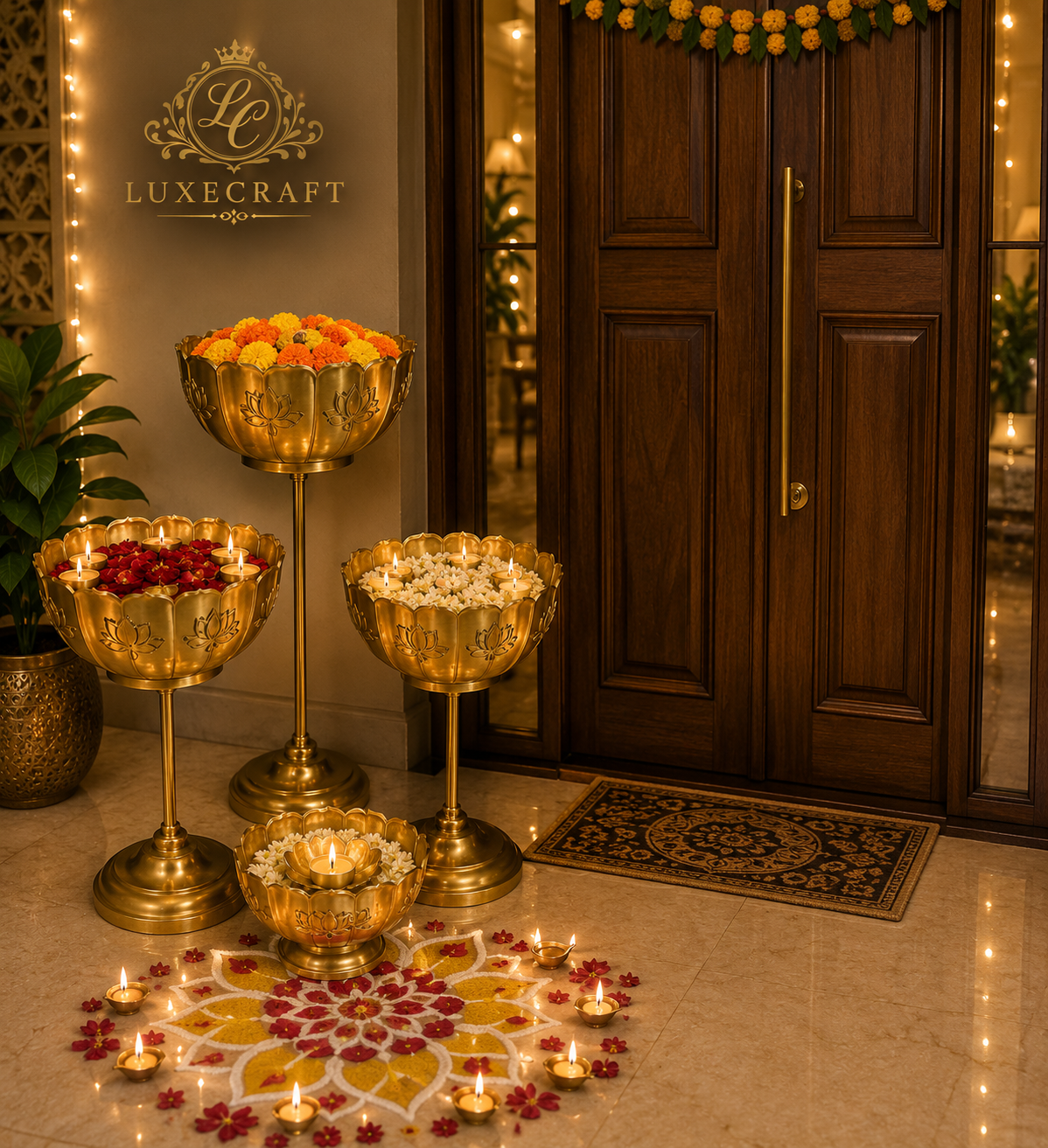 Lotus Standing Urli Set with Gold Finish