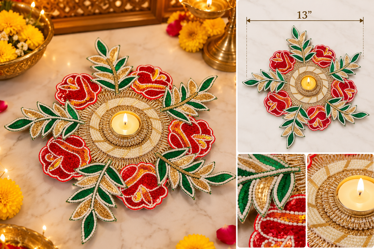 Beaded Rose Rangoli Tealight Holder – 13 Inch