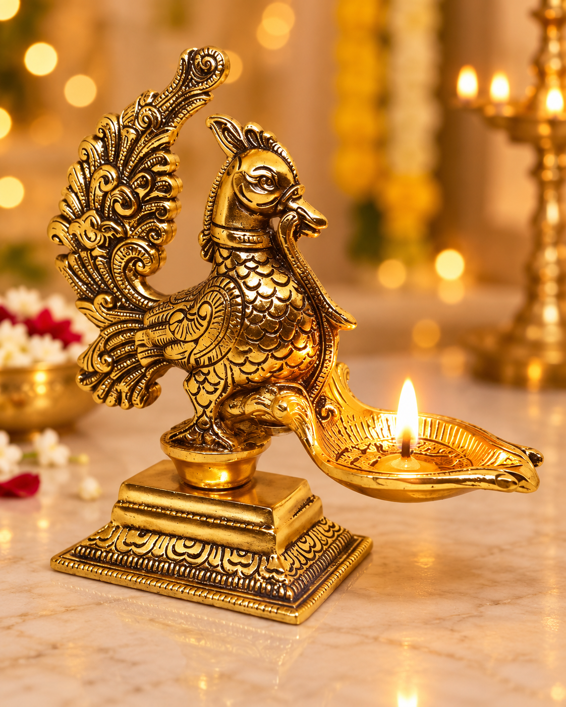 Gold Peacock Oil Diya Lamp