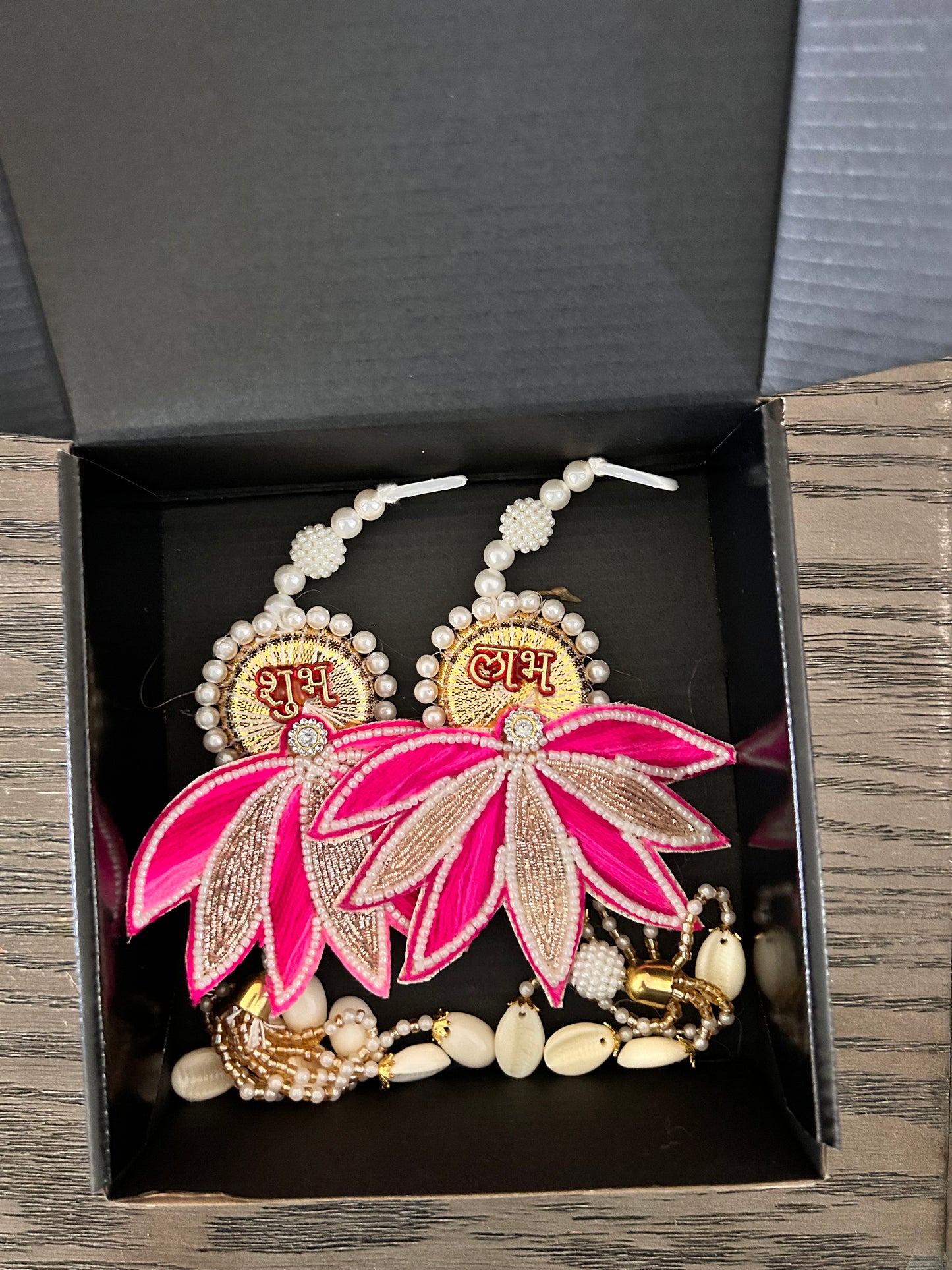 Shubh Labh Embroidered Lotus Hanging (Pair, 10")