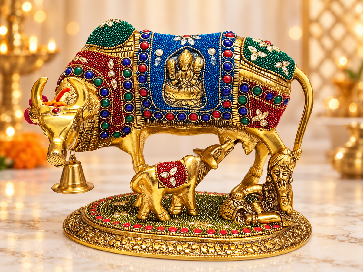 Kamdhenu Cow & Calf Statue with Stone Work