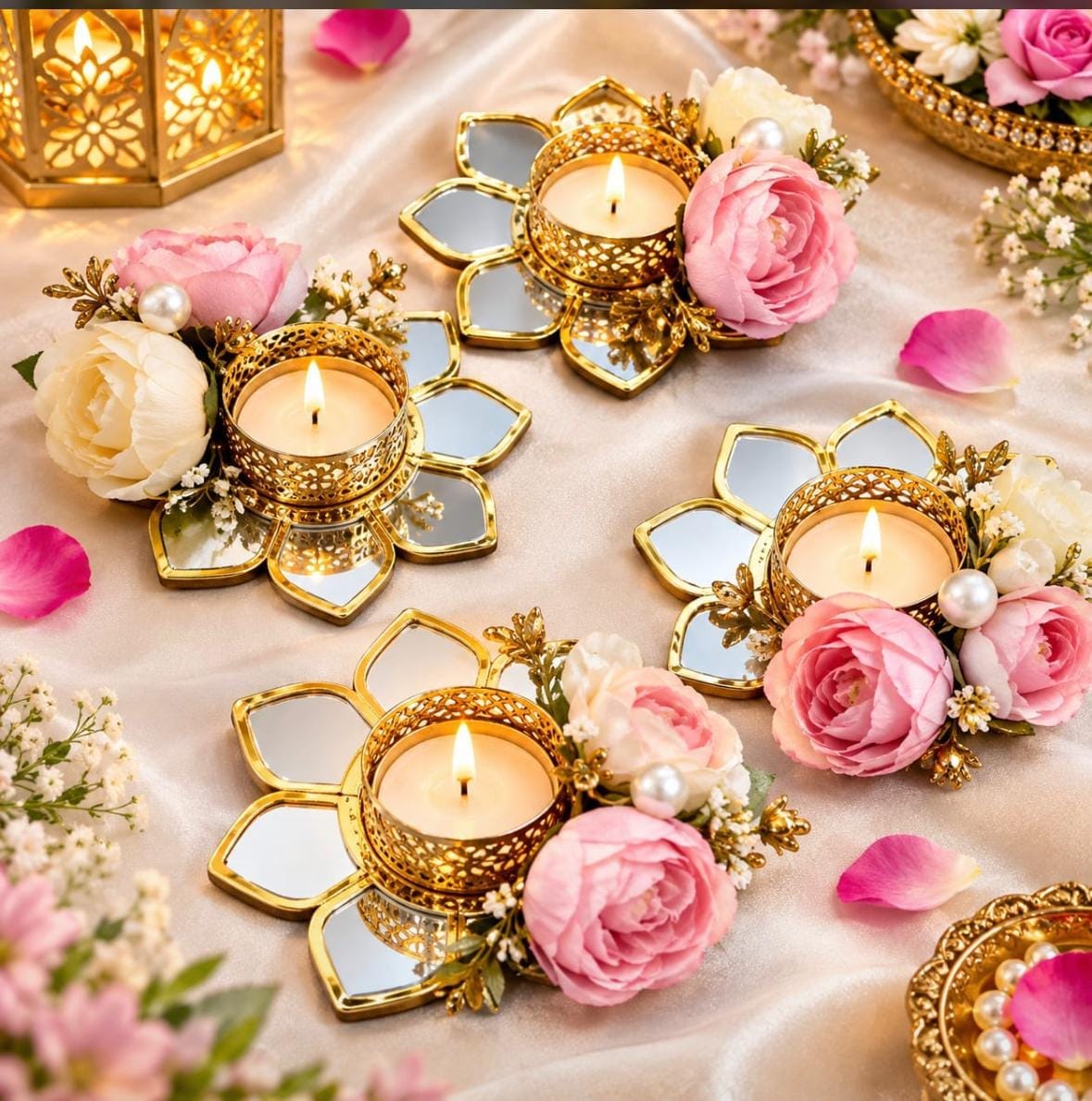 Mirror Lotus Tealight Holder with Faux Roses - Pack of 4
