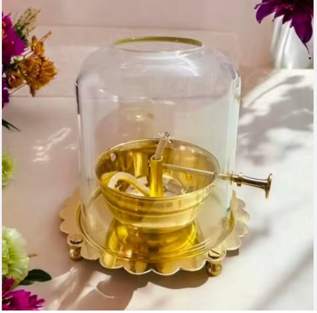New Golden Brass Akhand Jyoti Diya Lamp with Plate