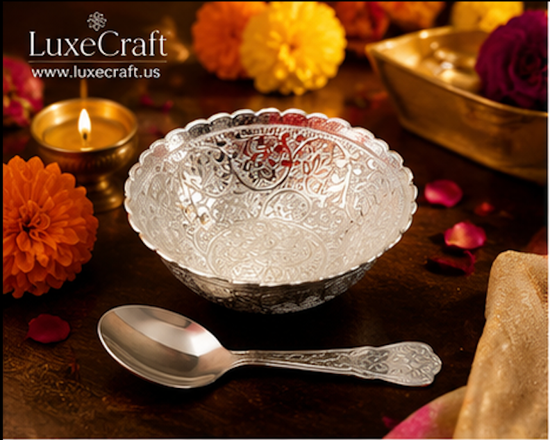 German Silver Floral Bowl & Spoon Set