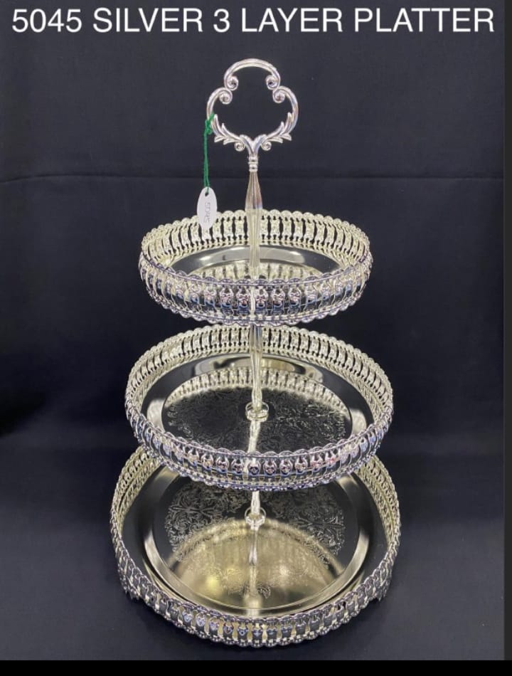 Premium Silver 3-Layer Platter | Multi-Tier Serving Stand for Sweets, Dry Fruits, Desserts & Festive Display