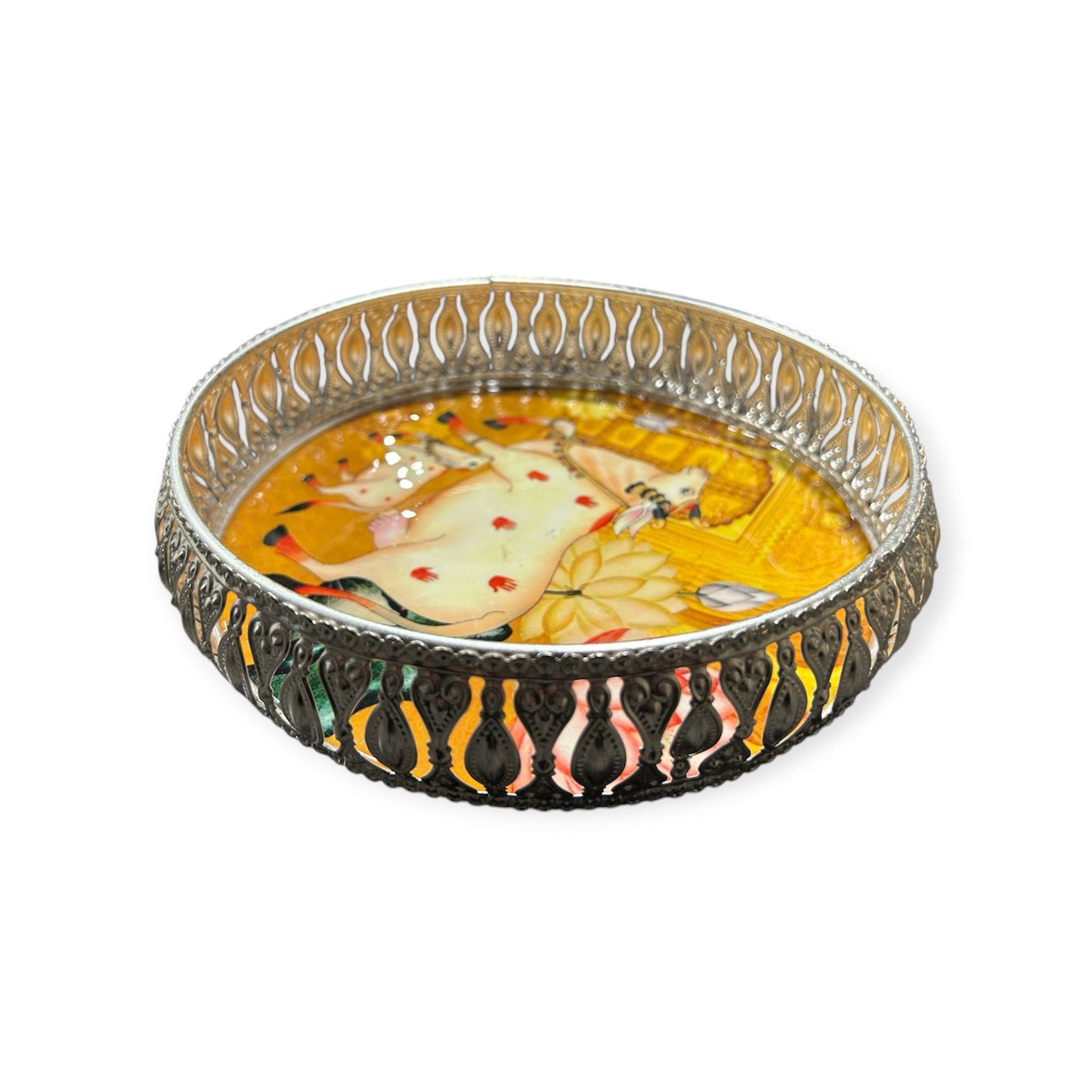 Pichwai Art German Silver Tray – A Blend of Devotion and Elegance 8"