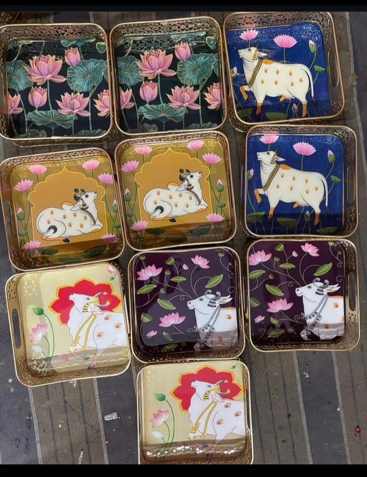 Divine Kamdhenu & Lotus Art Square Trays – Premium Decorative Serving Tray 4"