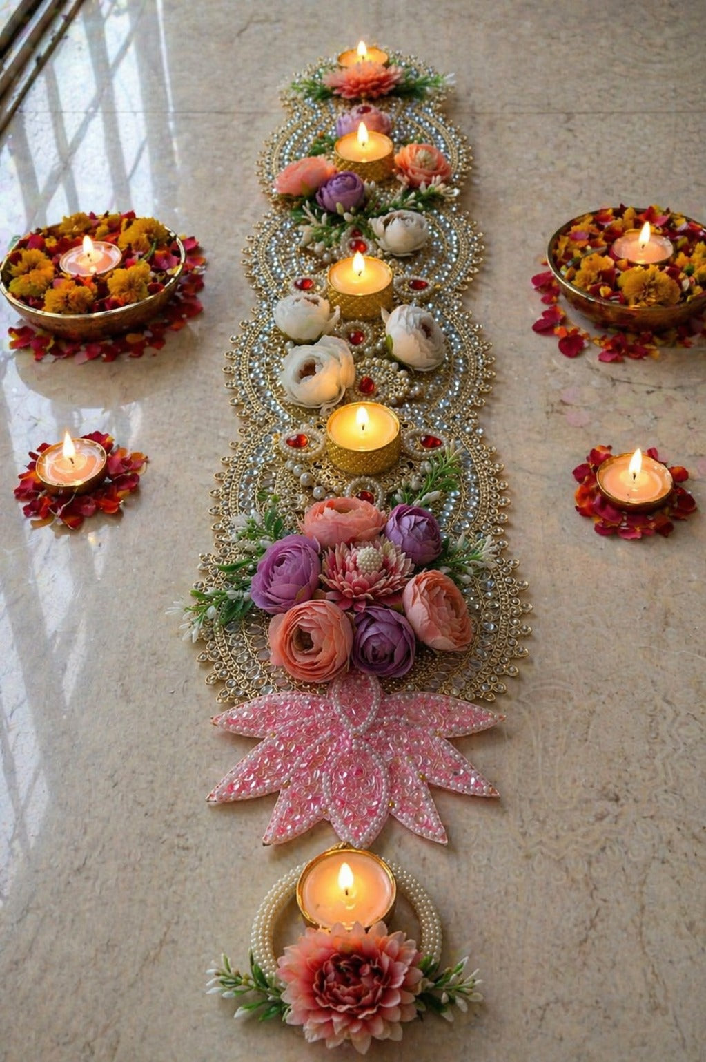 Pearl & Mirror Beaded Lotus Table Runner – Handcrafted Festive Décor