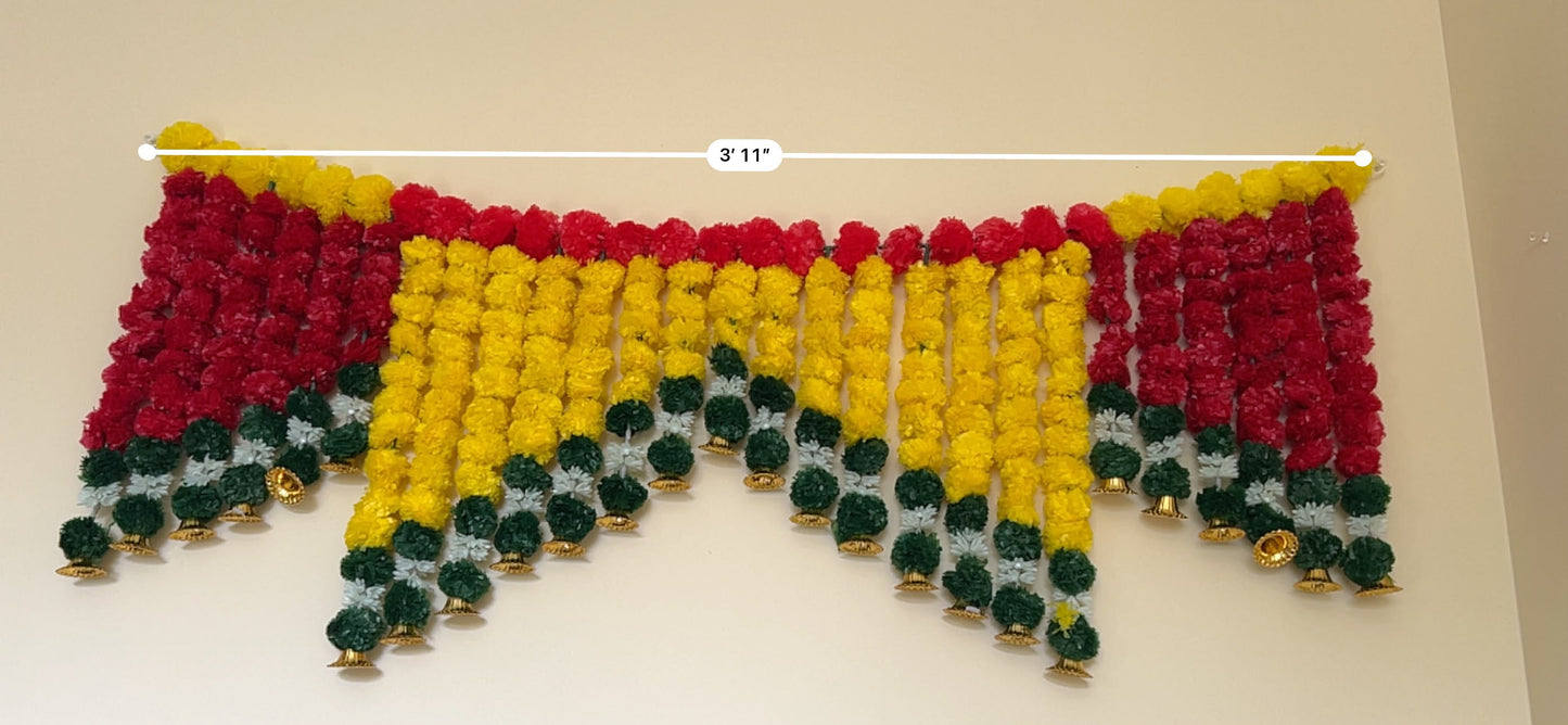 Yellow & Red Marigold Door Toran with Bells – Handcrafted Festive Décor