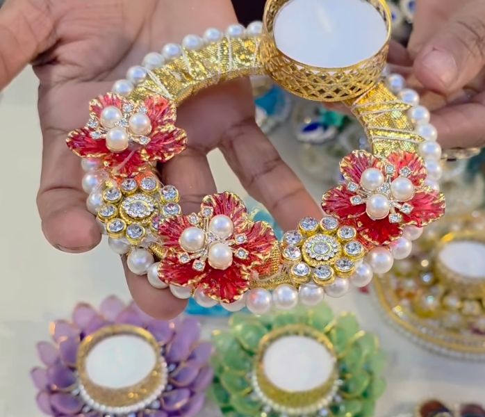 Floral Pearl & Crystal Tea-Light Ring Holder – diwali