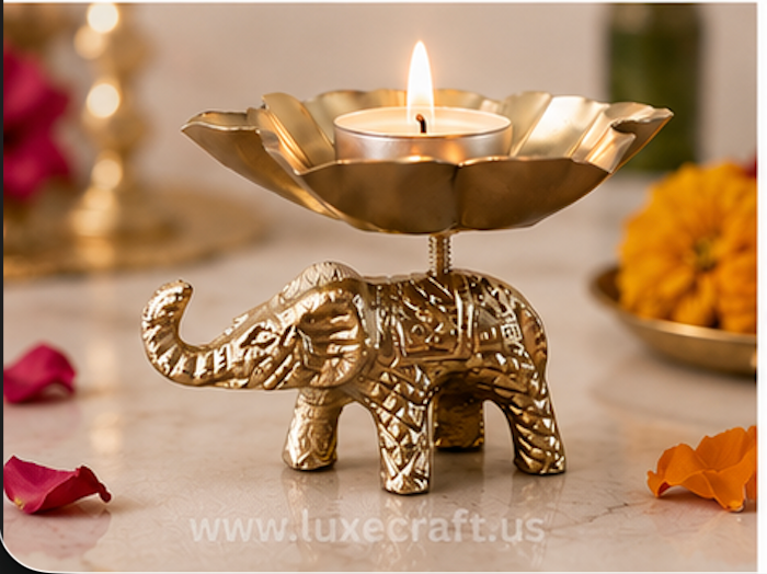 Brass Elephant Lotus Tea-Light Holder - elephant detail