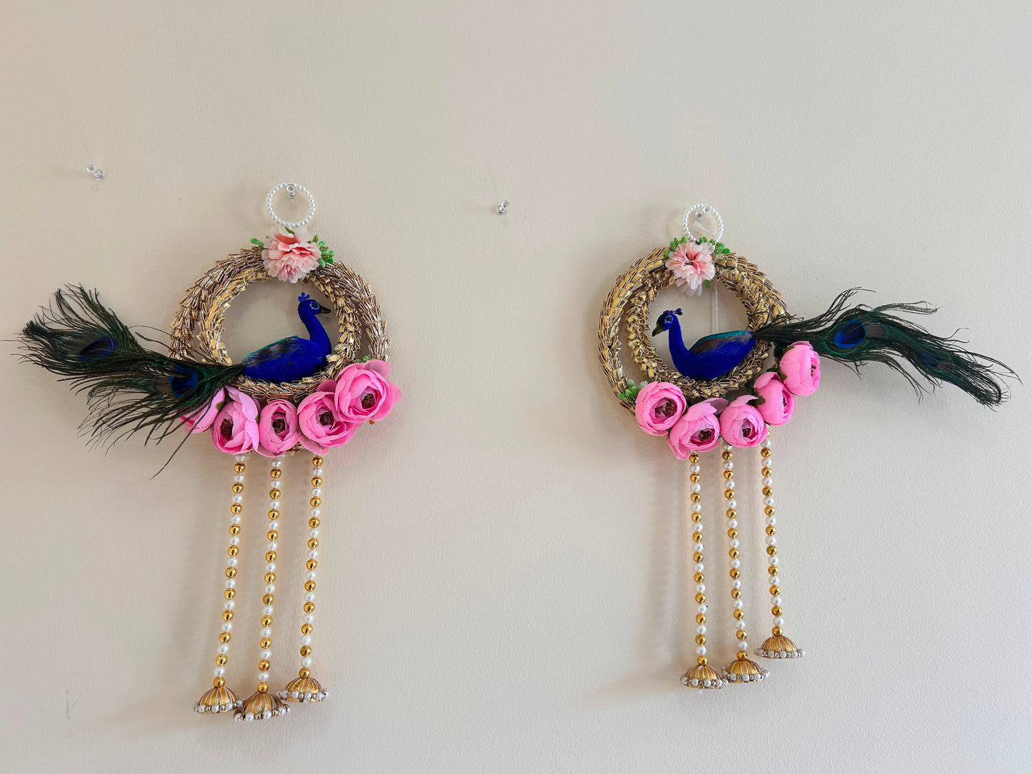 Peacock Floral Wreath Door Hanging Pair - peacock and rose detail