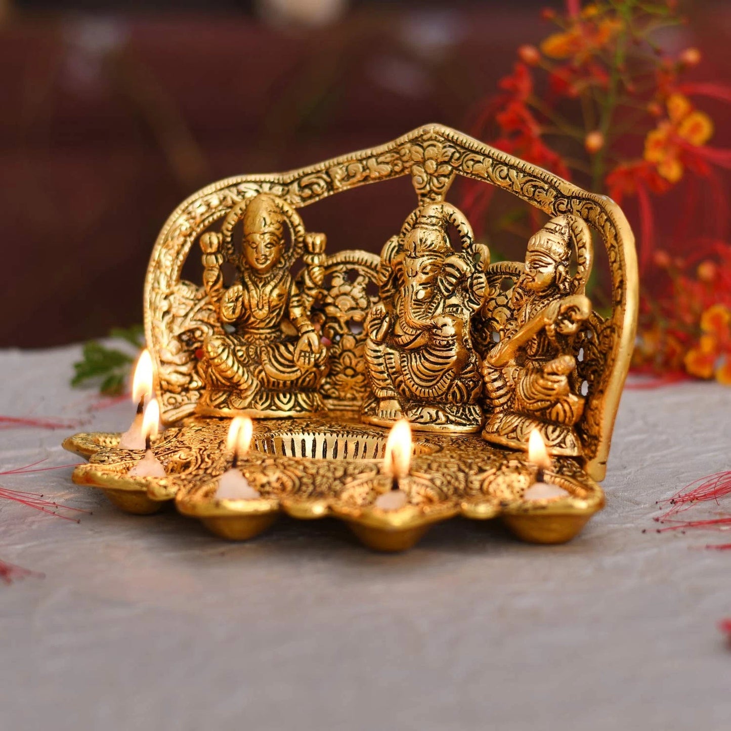Divine Brass Diya – Lakshmi, Ganesha & Saraswati