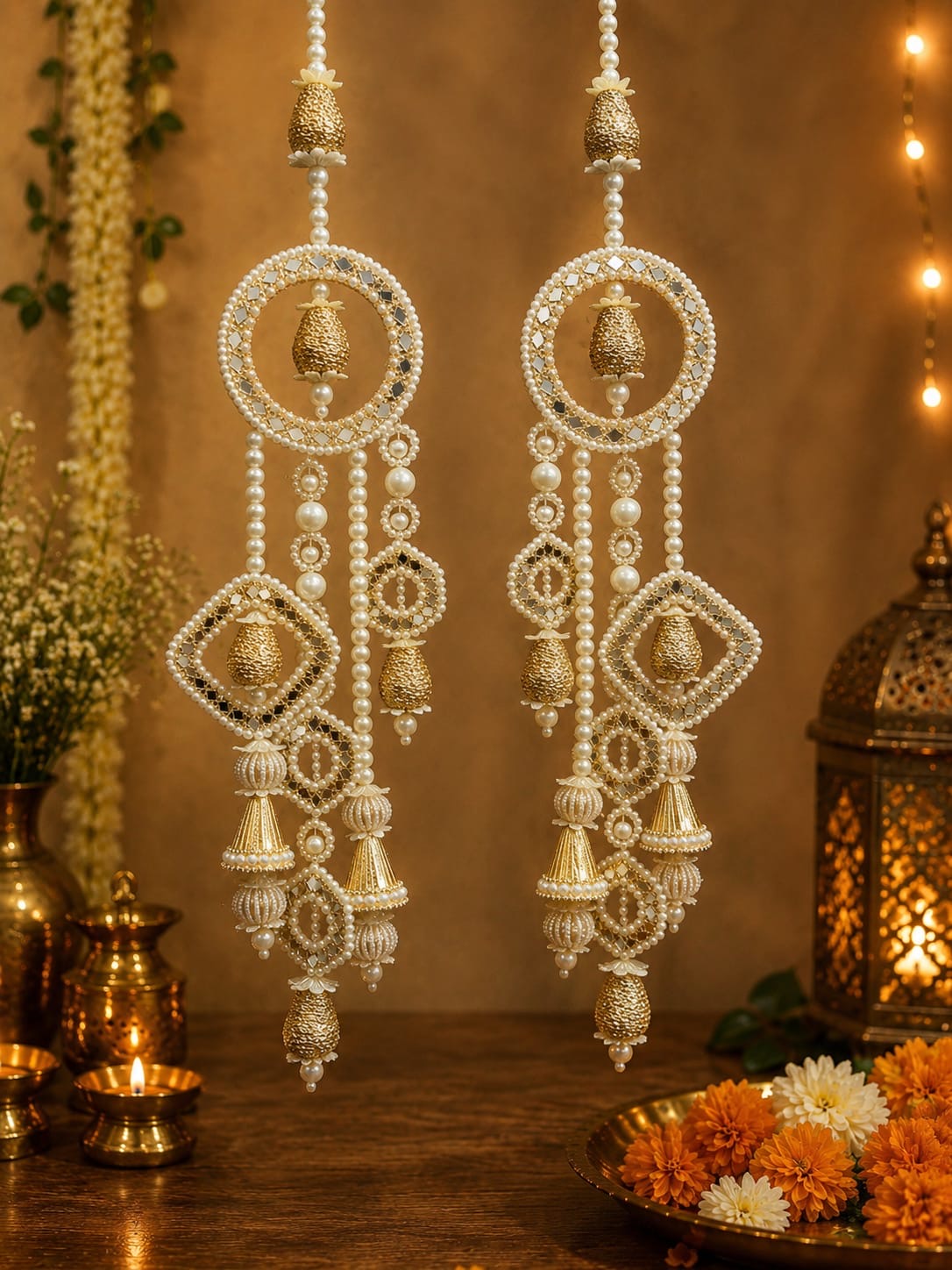Pearl & Gold Mirror-Work Door Hanging Pair with Jhumar Tassels – Handcrafted Festive Décor