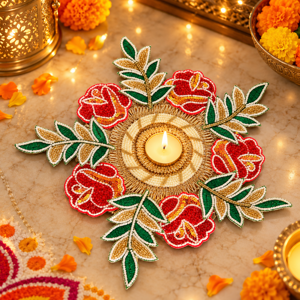 Beaded Rose Rangoli Tealight Holder – 13 Inch