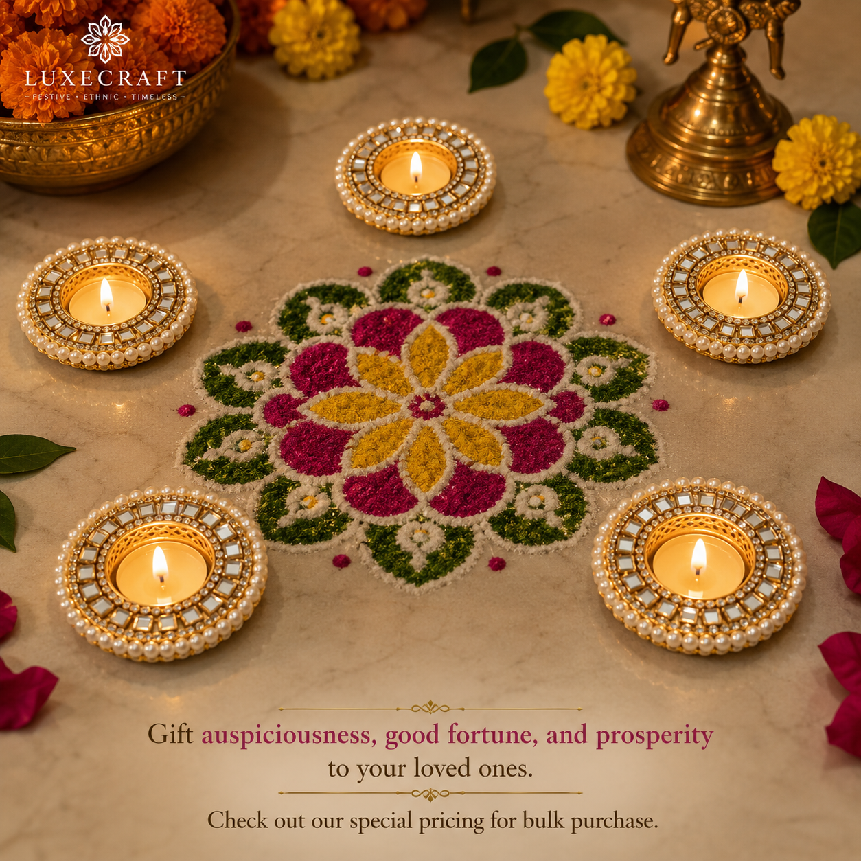 Kundan Mirror & Pearl Tealight Holder