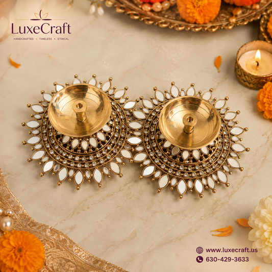 Kundan Mirror Sunburst Diya – Pair