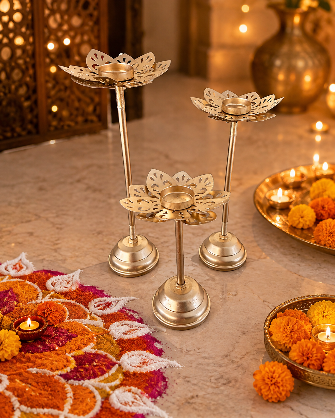 Gold Lotus Tealight Stand – Set of 3