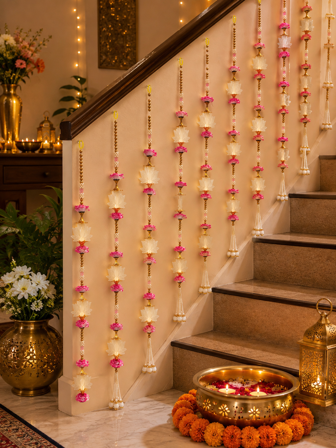 Pink Rose & White Lotus Beaded Hanging – Handcrafted Festive Décor
