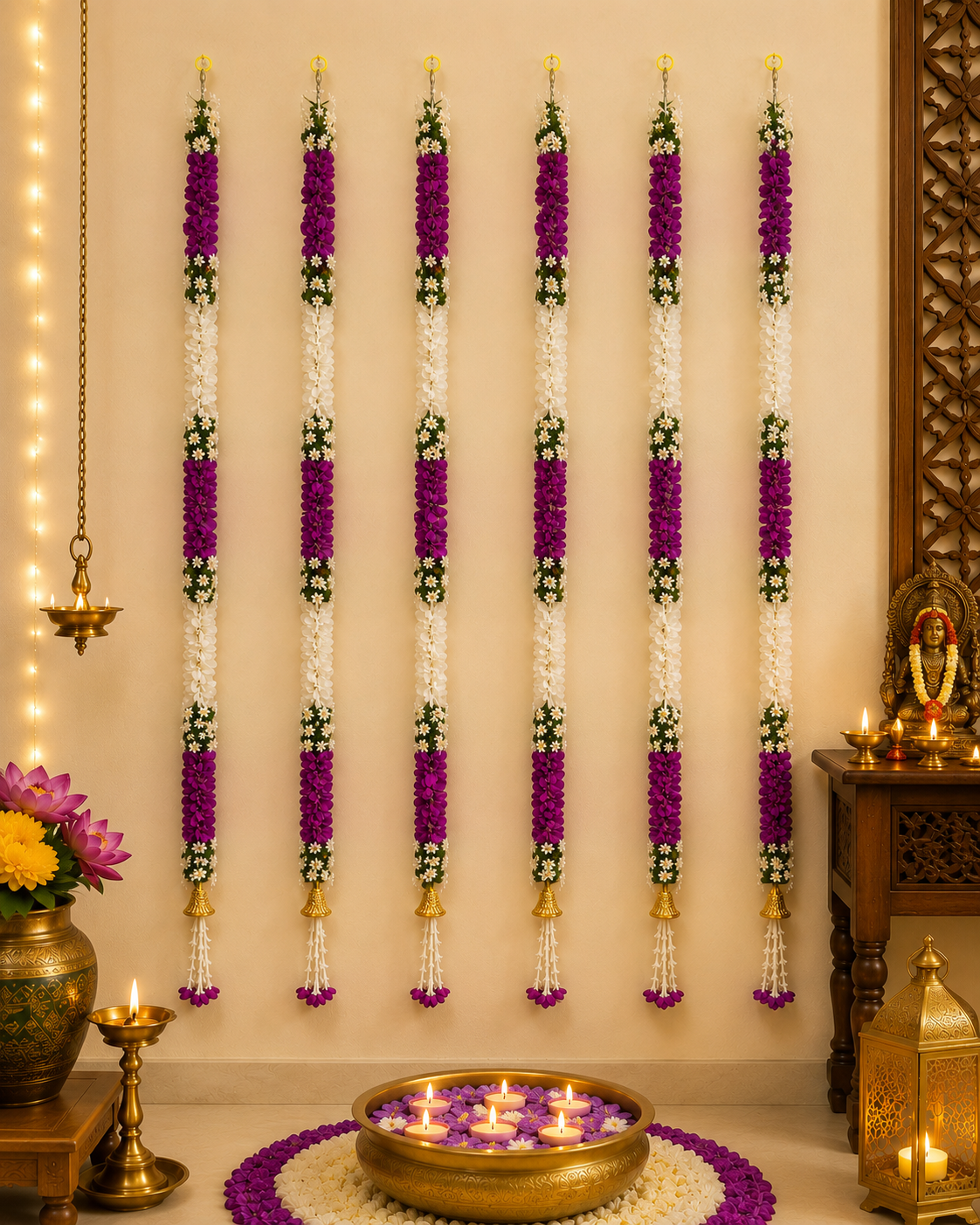 Purple & White Artificial Flower Garland with Bell
