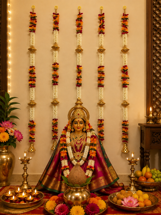 Multicolour Floral Garland with Golden Filigree Diamonds &amp; Bell