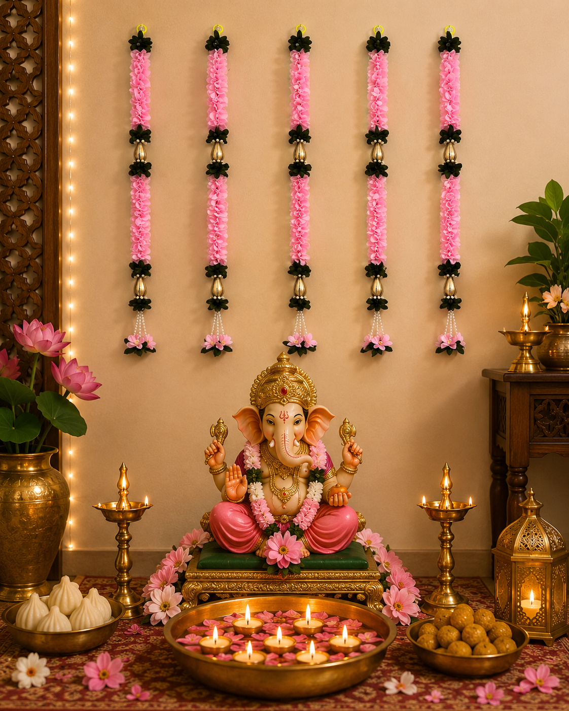 Pink Flower & Pearl Drop Garland with Green Foliage