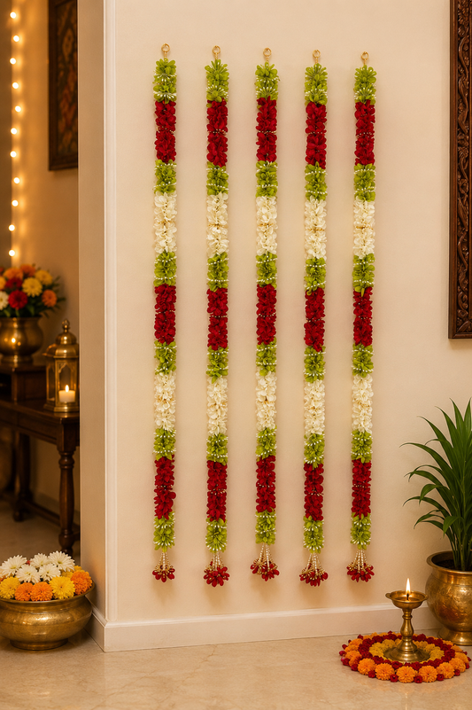 Red, White & Green Artificial Flower Garland with Bead Accents