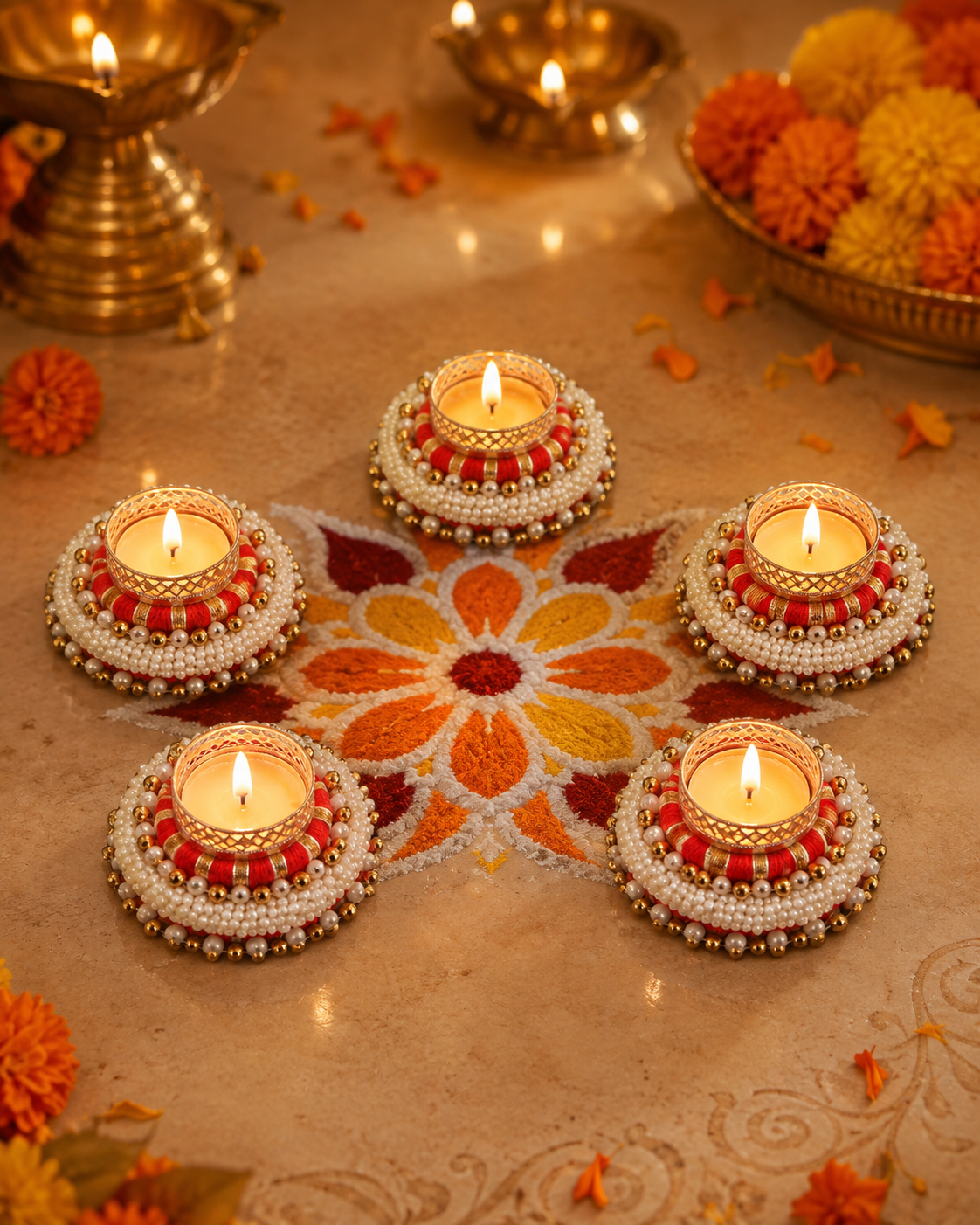 Red Thread & Pearl Beaded Tealight Holder (Set of 5)