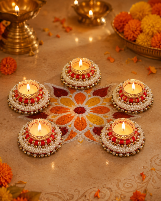 Red Thread & Pearl Beaded Tealight Holder (Set of 5)