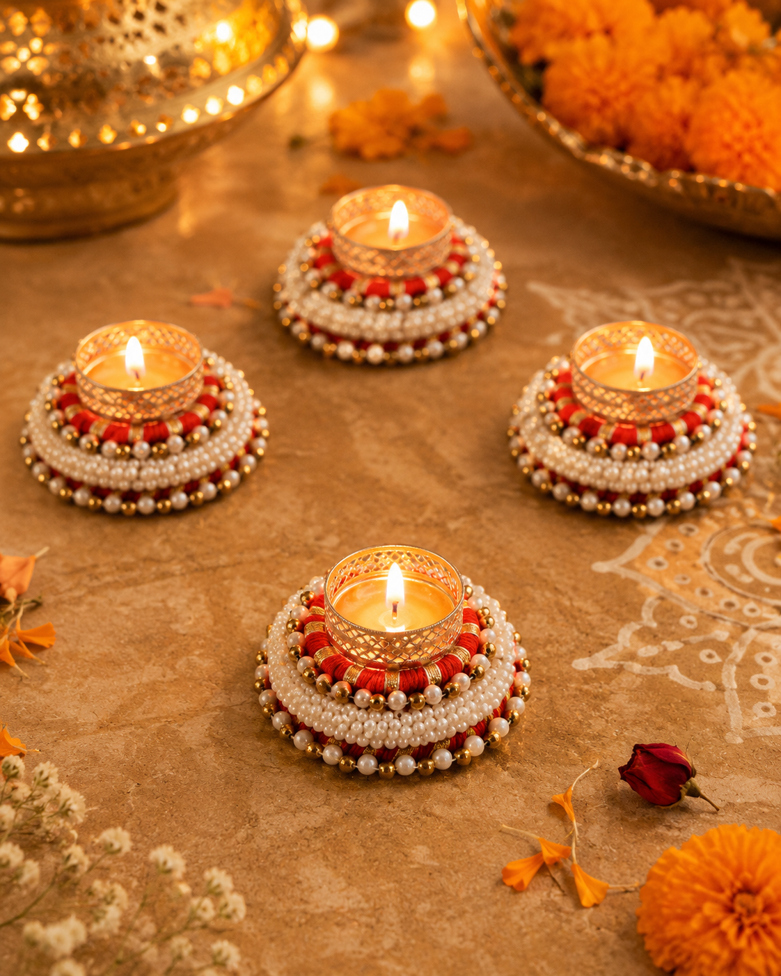 Red Thread & Pearl Beaded Tealight Holder (Set of 5)