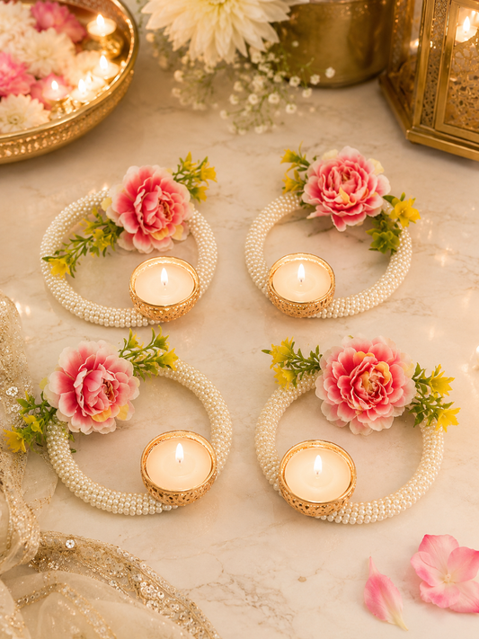 Pearl Ring Tealight Holder with Pink Blossom