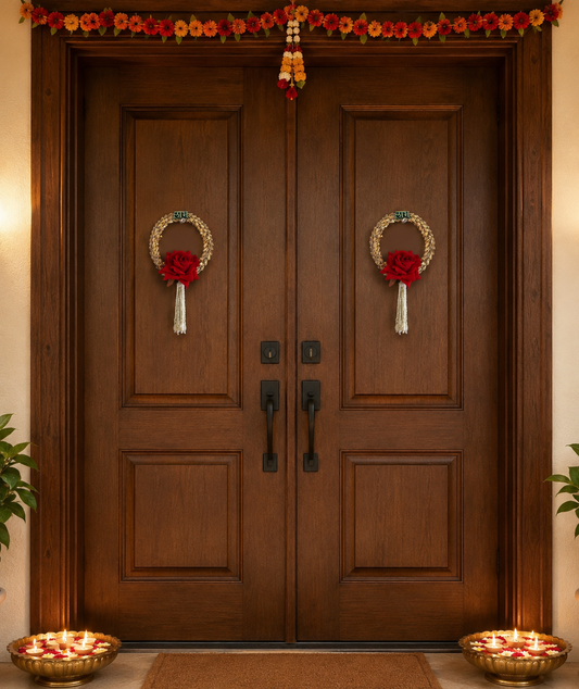 Shubh Labh Rose Wreath Door Hanging Pair
