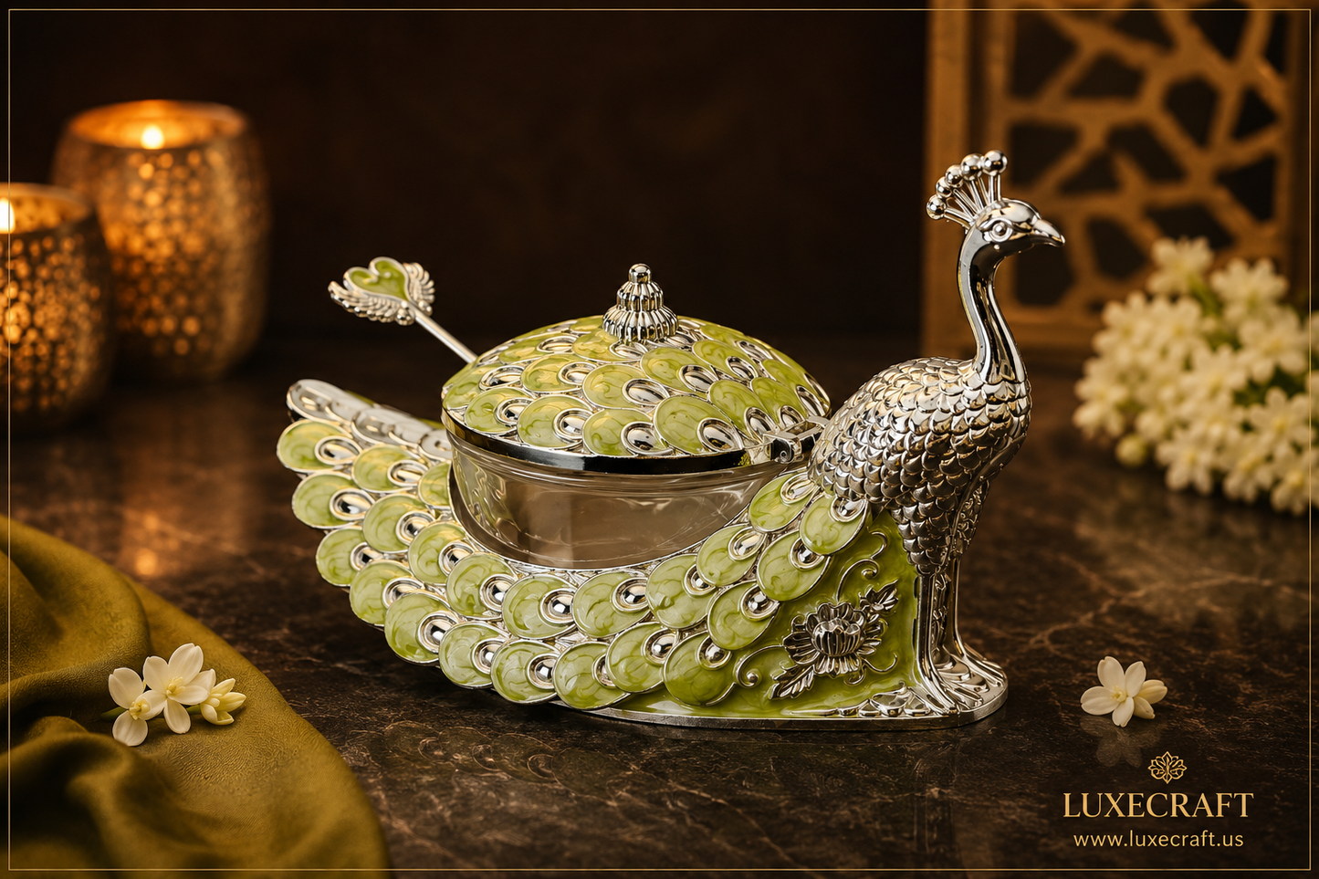 Peacock Enamel Dry Fruit Bowl with Spoon - Green