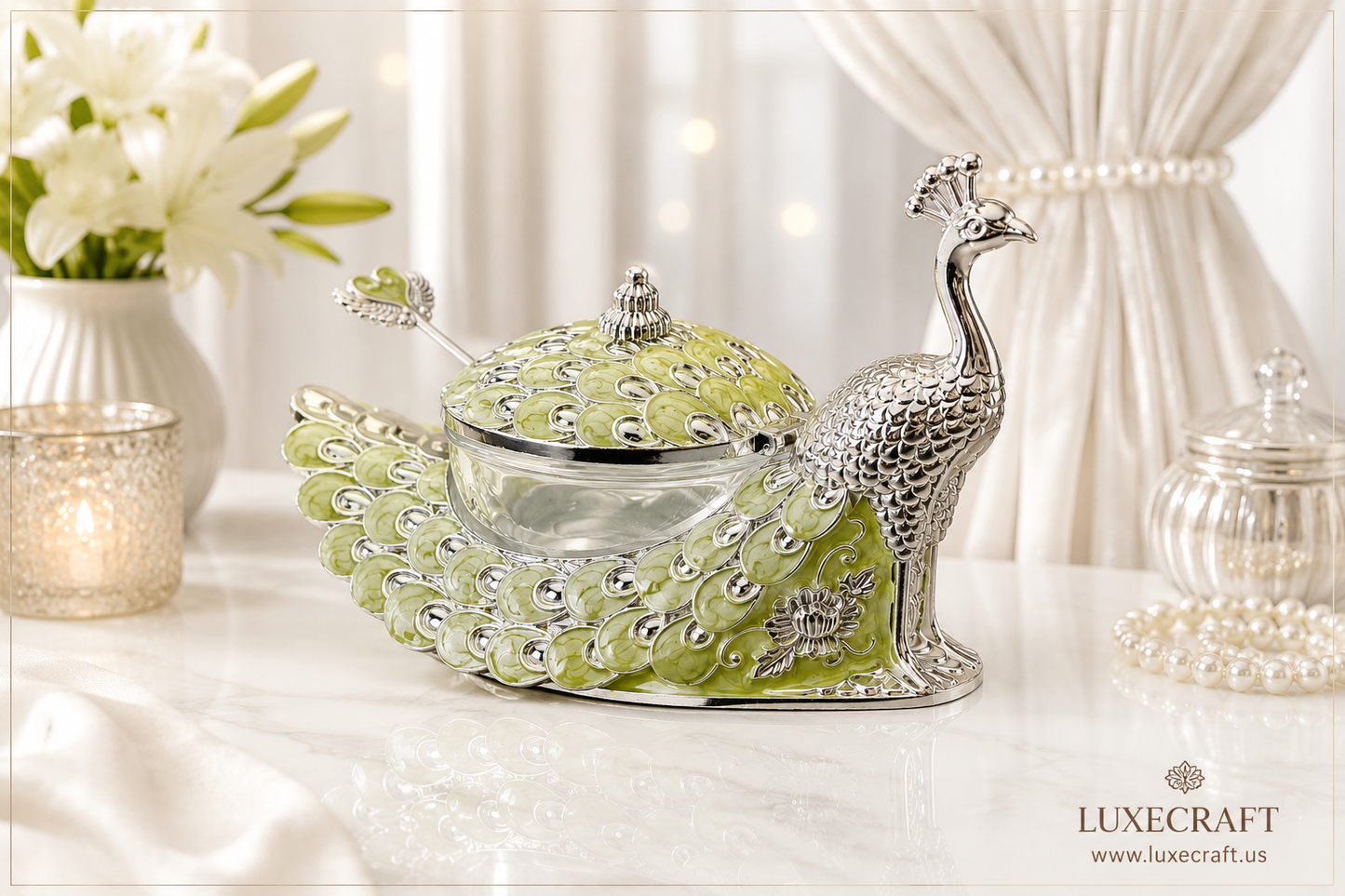 Peacock Enamel Dry Fruit Bowl with Spoon - Green