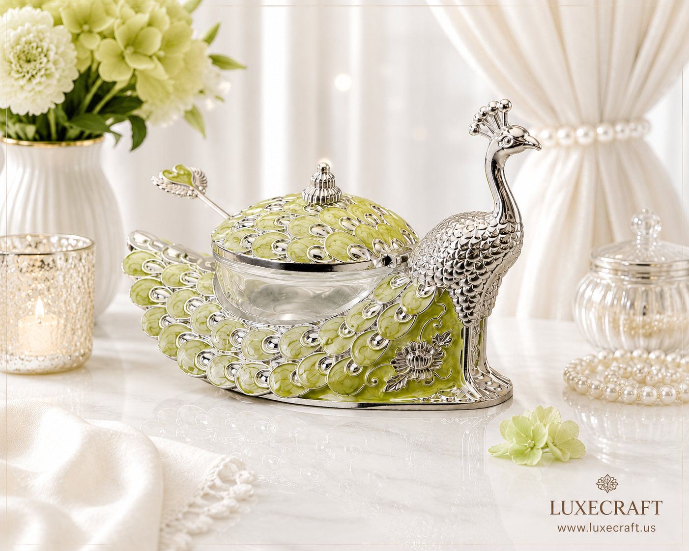 Peacock Enamel Dry Fruit Bowl with Spoon - Green