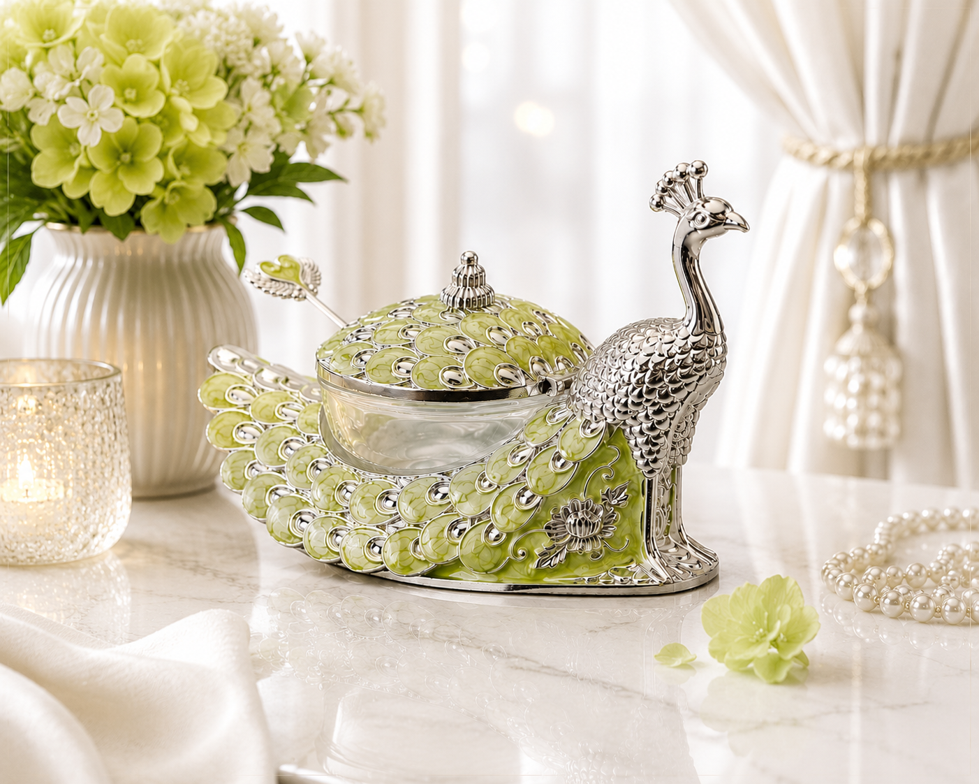 Peacock Enamel Dry Fruit Bowl with Spoon - Green