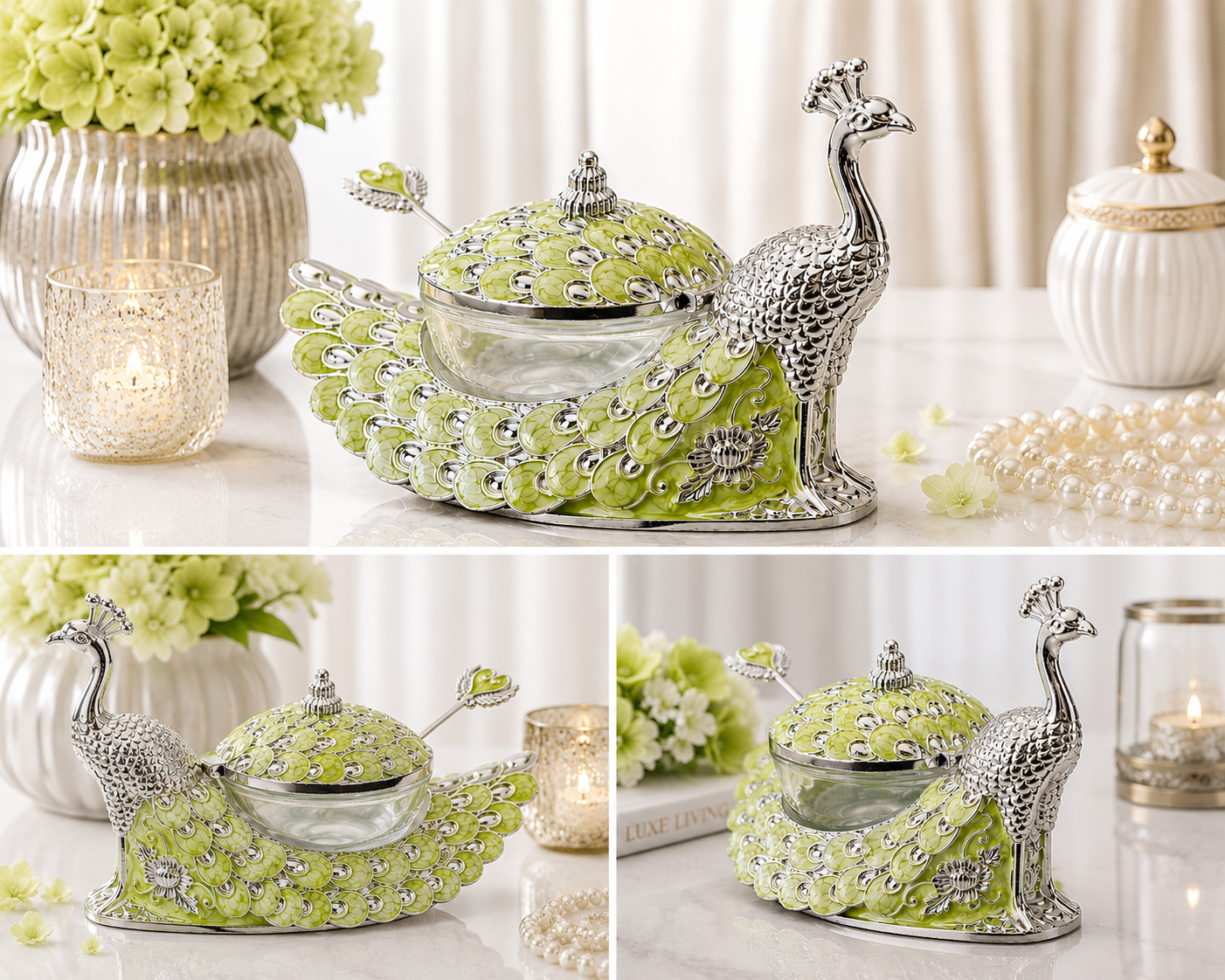 Peacock Enamel Dry Fruit Bowl with Spoon - Green