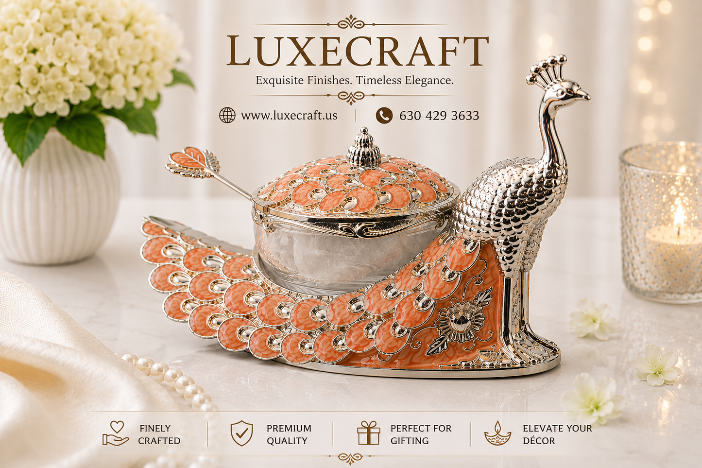 Peacock Enamel Dry Fruit Bowl with Spoon - Orange