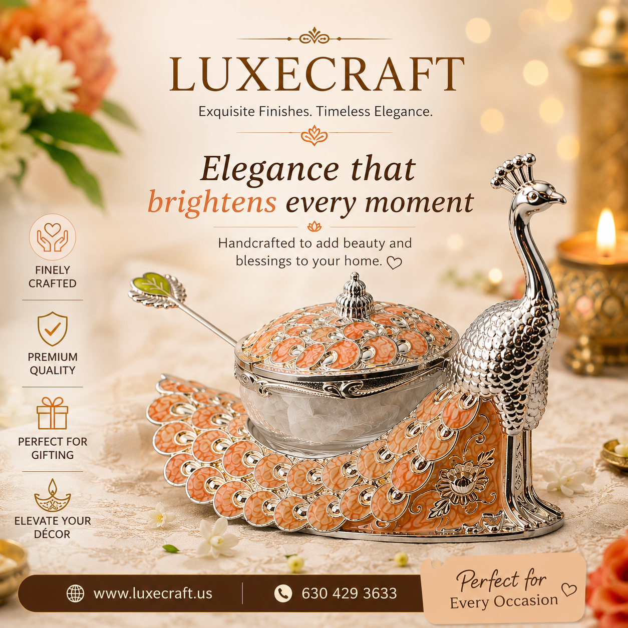 Peacock Enamel Dry Fruit Bowl with Spoon - Orange