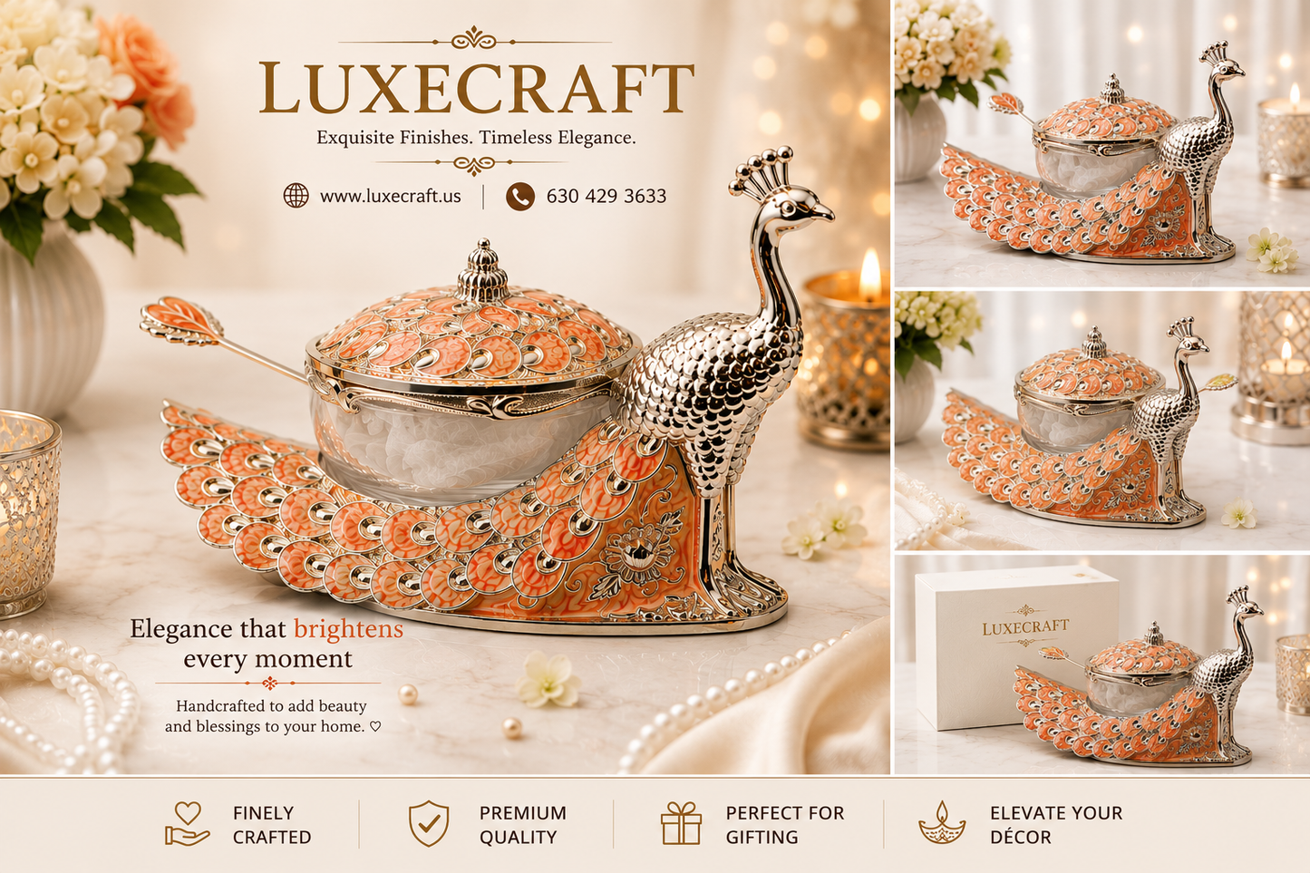 Peacock Enamel Dry Fruit Bowl with Spoon - Orange