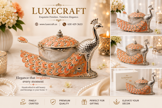 Peacock Enamel Dry Fruit Bowl with Spoon - Orange | Diwali | Housewarming | party | Varalakshmi | Navratri| Christmas