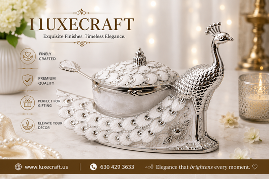 Peacock Enamel Dry Fruit Bowl with Spoon - White | Diwali | Housewarming | party | Varalakshmi | Navratri| Christmas